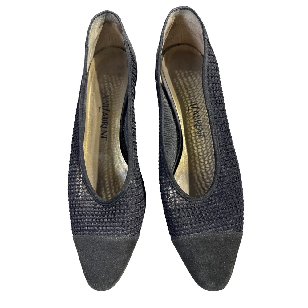 Yves Saint Laurent Black Woven Mesh Cap Toe Pumps Block Heel Size 7 Italy READ